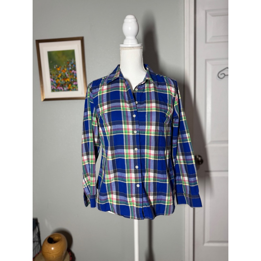Talbots multicolor plaid button front shirt, size petite medium (MP)